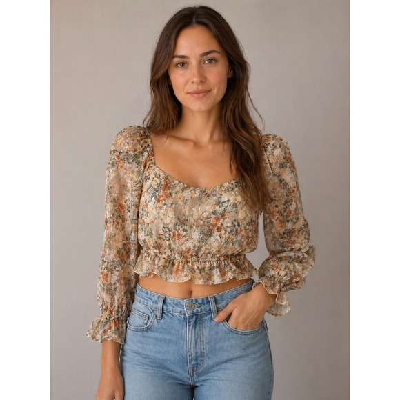 Frayed Tops - FRAY Floral Puff Sleeve Crop Top Cottagecore Romantic Sheer Boho M